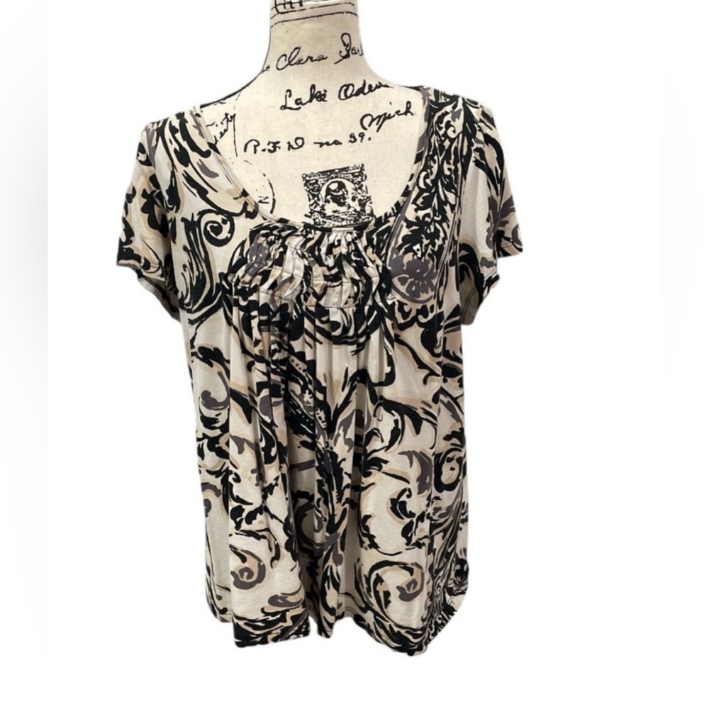 a.n.a Black Cream Scroll Print Blouse Women’s 1X Plus Size 100% Cotton